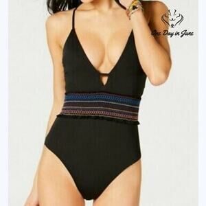 Bar III Smocking Solids Plunge One Piece Swimsuit Black Rainbow NWT Size L